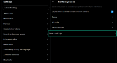 The Content you see menu of the Twitter settings, showing the Search settings option.