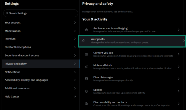 The Privacy and safety page of the Twitter settings, showing the Your posts option.
