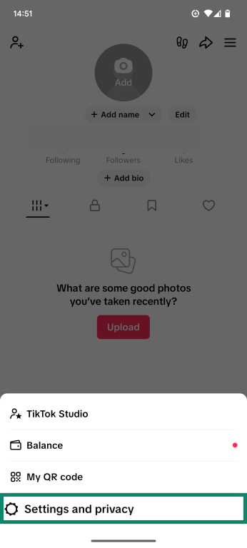 The Menu of the TikTok app, showing the Settings and privacy option.
