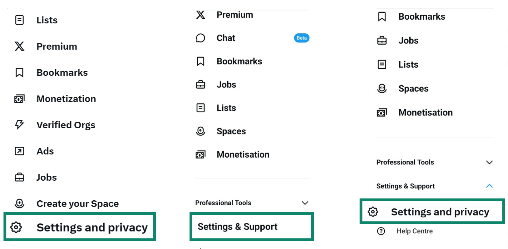 Three side-by-side screenshots showing how to navigate to X’s settings. The first image shows the desktop menu where ‘Settings and privacy’ is a direct option. The other two images show the mobile process of tapping ‘Settings & Support’, then selecting ‘Settings and privacy’ from the sub-menu.