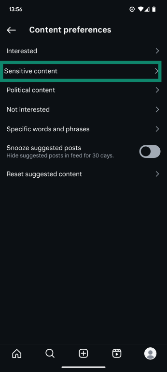 The Content preferences menu of the Instagram app, showing the Sensitive content option.