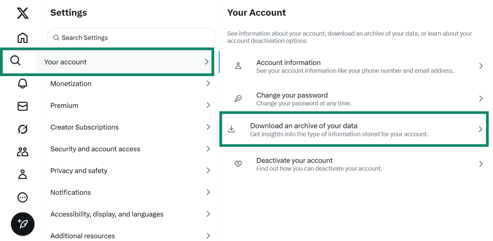 Two side-by-side screenshots of the X settings menu. The first shows "Your account" selected, and the second shows the "Download an archive of your data" option highlighted.