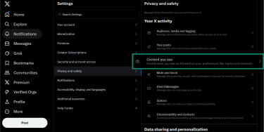 The Privacy and safety section of the Twitter settings menu, showing the Content you see option.