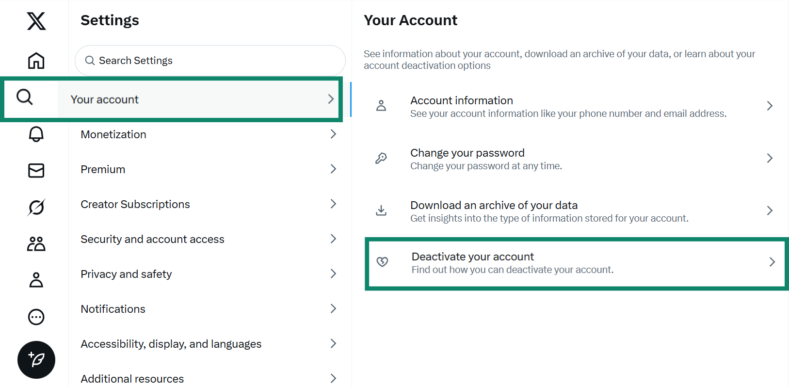 Two side-by-side screenshots of the X settings menu. The first shows "Your account" selected, and the second shows the "Deactivate your account" option highlighted.